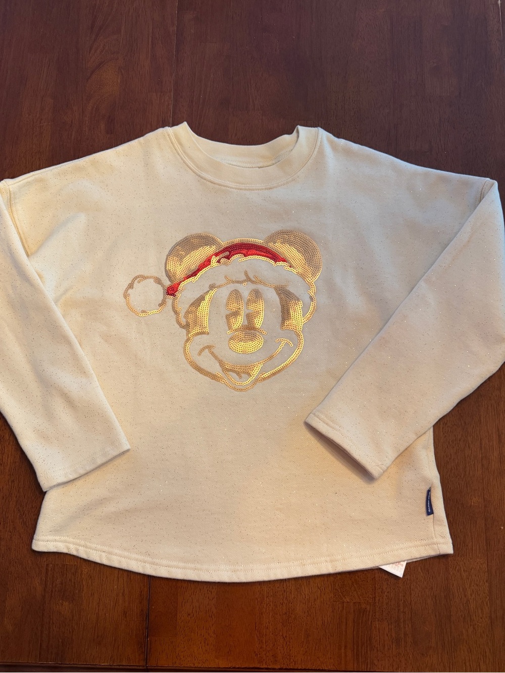 Disney Cream Sequin Mickey Mouse Holiday Sweatshirt with Red & Gold Accents